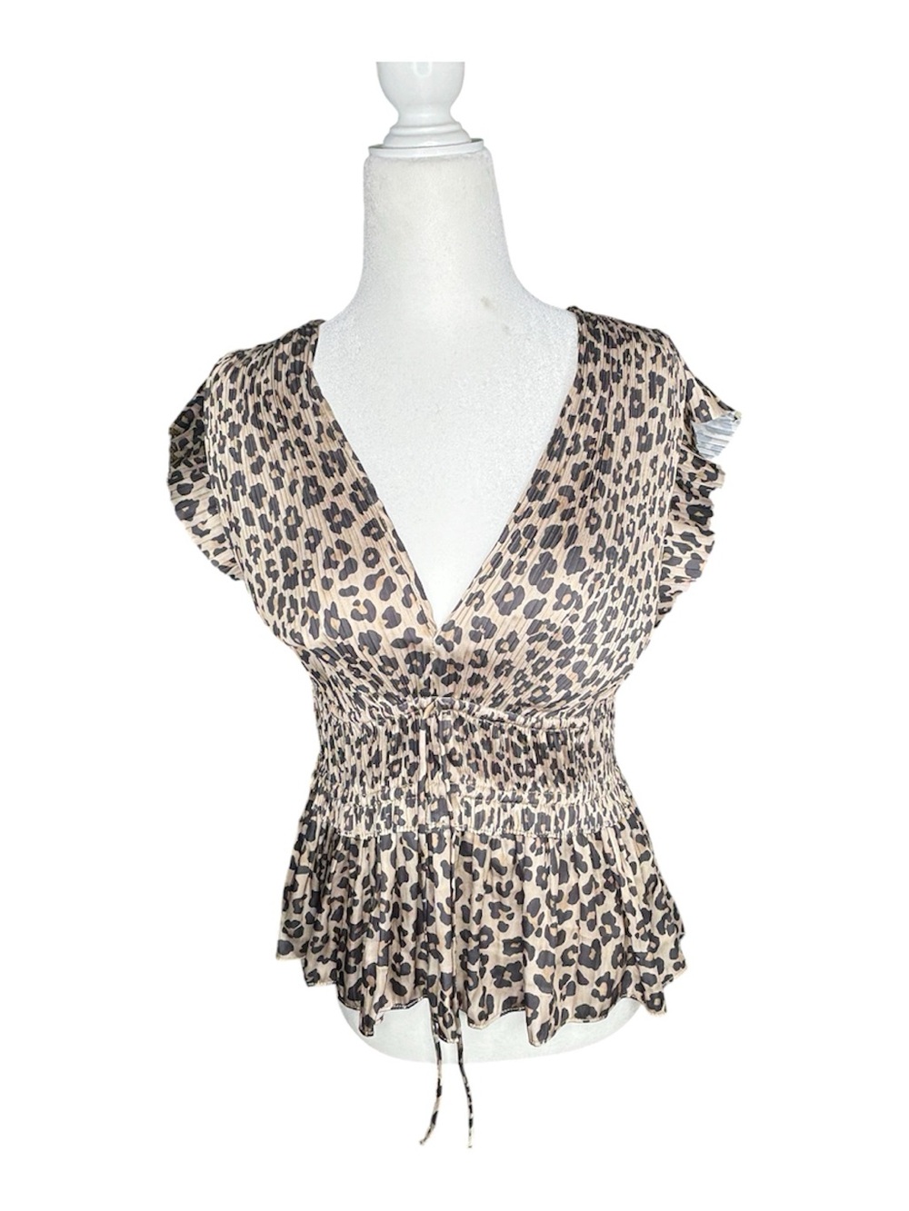 Current Air Leopard Print V-Neck Smocked Peplum Top Size Medium - Picture 2 of 9